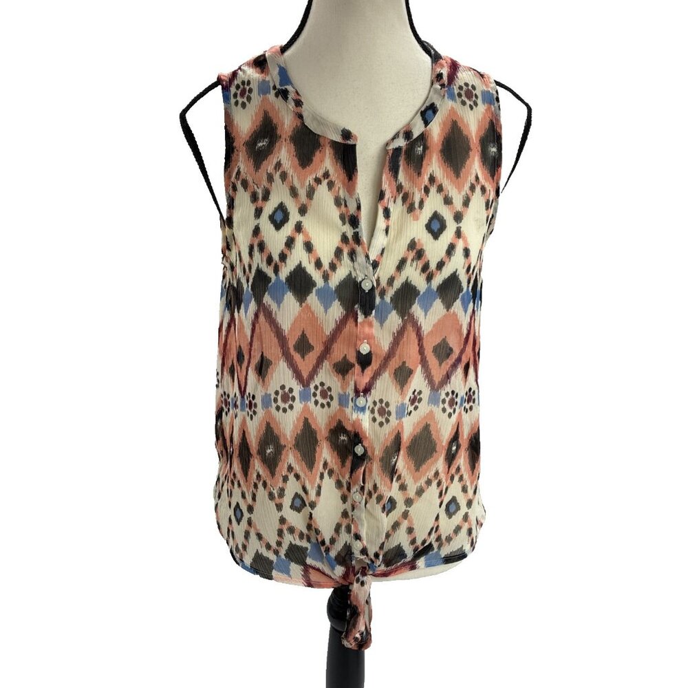 Lucky Brand Womens Sleeveless Tie Front Blouse Small Boho Ikat Sheer Top